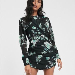 NEW ASOS DESIGN black based floral mini dress with long sleeve and ruched detail